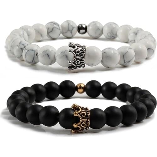Charm Natural Stone Jewelry Beaded Bracelets Couple Golden Black Crown Bracelet Men with Copper Bead Bangle Women pulsera dorada