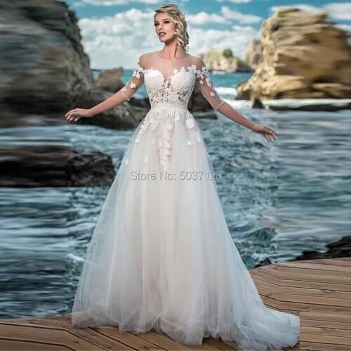 Half Sleeves A Line Tulle Wedding Dresses O Neck Lace Appliques Backless Beach Bridal Gown Vestido De Noiva Custom Made