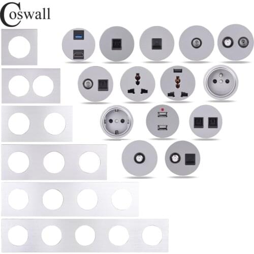 COSWALL R12 Silver Grey Gray Aluminum Panel Wall Switch EU French Socket USB Charger TV RJ45 CAT6 Modules DIY Free Combination
