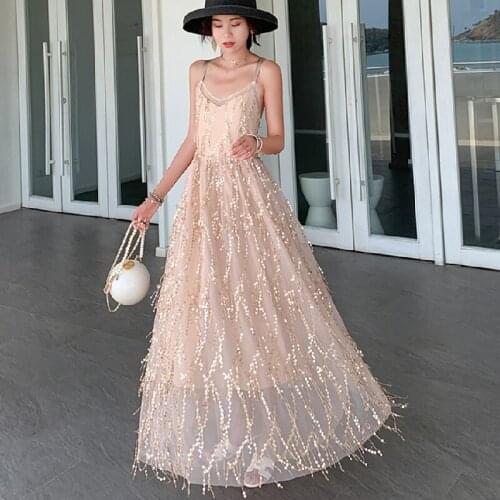 Runway 2021 New Maxi Sequins Women Straps Dress Summer Elegant Backless Casual Party Vacation Sundress Long Tropical Beach Dress