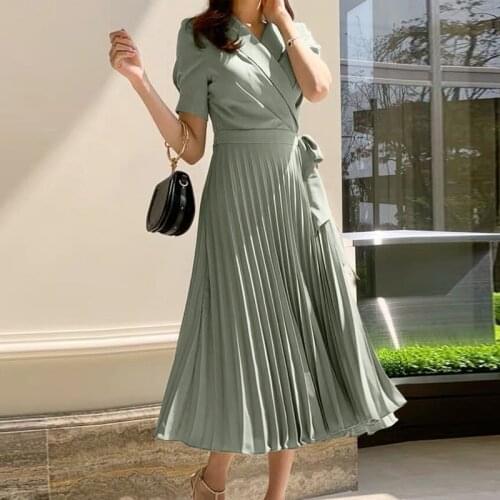 2021 Summer Korea Office Ladies Notched Short sleeve Dress Women Elegant Slim Waist Lace-Up Sashes Pleated Midi Dress