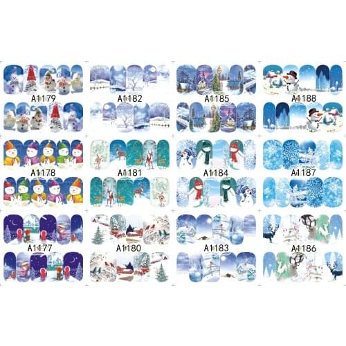 12 Sheets/Lot Nail A1177-1188 Mixed Blue Snow Winter Full Cover Nail Art Water Sticker Decal For Nail Water (12 DESIGNS IN 1)