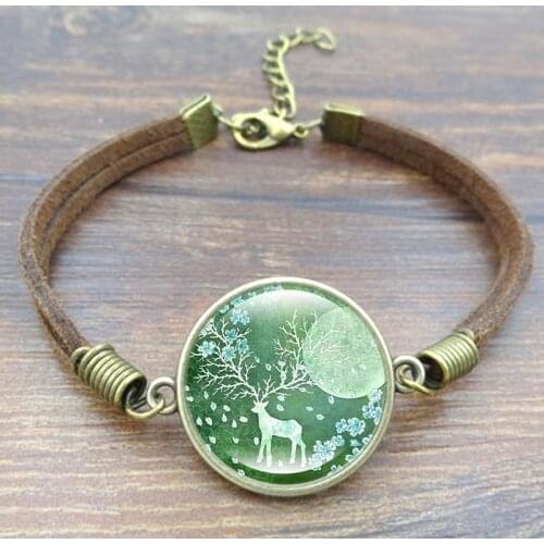 2019 Christmas Jewelry 2.2cm Elk Time Gem Charm Bracelet Women Men Coffee Color Genuine Leather Bracelet Best Gift For Friends
