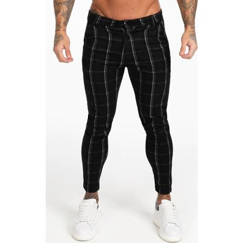GINGTTO Mens Chinos Pants Skinny Fit Elastic Waist Black Plaid Autumn Stretchy Chinos Pants Men Size 28-36 EU Size Slim Leg