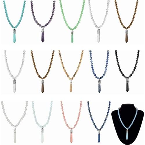 Natural Stone Beads Healing Crystal Necklace Long Hexagonal Prism Column Point Pendant Chakra Choker Jewelry for Womens Girls