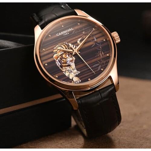 Relogio Masculino Carnival Brand Luxury Automatic Watch Men Fashion 3D Tiger Rose Gold Mechanical Wristwatch Clock Reloj Hombre