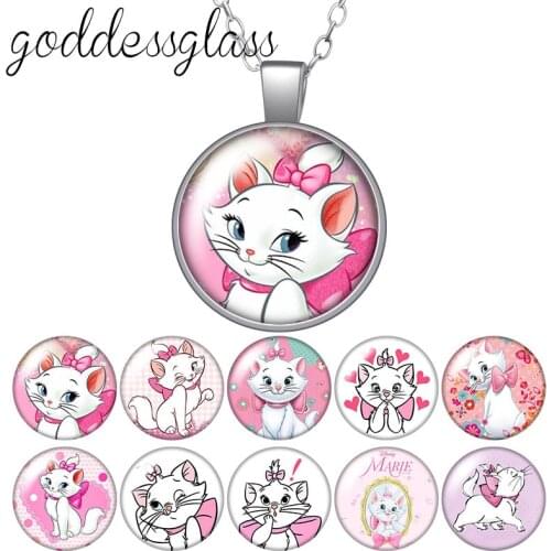 Disney Cute Marie Cat cartoon Round Glass glass cabochon silver plated/Crystal pendant necklace jewelry Gift