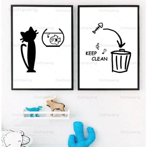 Canvas Prints Cat Fish Cartoon Minimalist Pictures Wall Art Black White Painting Home Decor Modular Nordic Poster for Kids Room
