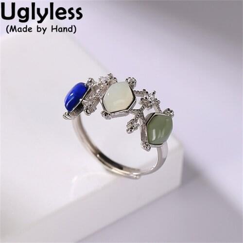 Uglyless Exotic Hexagon Gemstones Rings for Women Fashion Geometric Natural Jade Lapis Jewelry 925 Sterling Silver Cross Rings