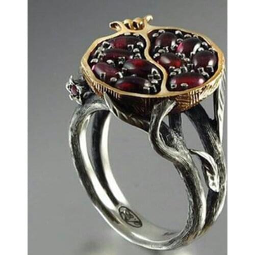 Vintage Round Gold Color Natural Red Garnet Ring Crystal Rhinestone Stone Leaf bague Pomegranate Jewelry Rings for Women Gifts