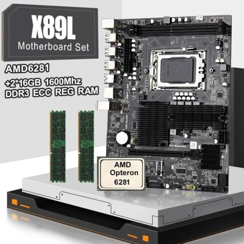 JINGSHA AMD X89 G34 Socket Motherboard set with 2*16gb=32 DDR3 1600mhz Memory and AMD Opteron 6281