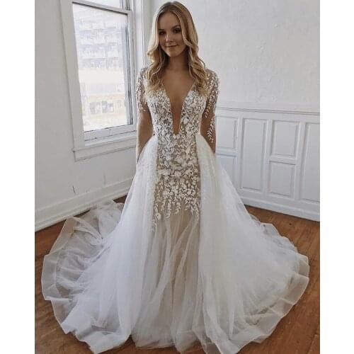 Cinderella Liaght Champagne V-Neck Long Sleeves Lace Applique Soft Tulle Wedding Dresses With Detachable Train vestido de noiva