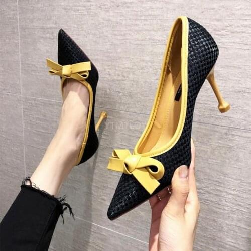 LLOGAI Fashion Women Thin High Heels Pumps Metal Bow Blue Pointed Toe Lady Butterfly-Knot Slip-On Zapatos De Vestir Mujer