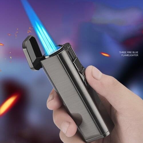 Metal Windproof Cigar Butane Gas Lighters Cutter Three Jet Torch Spray Gun Blue Flame Fierce Smoking Accessories Lighter