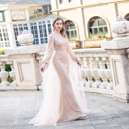 Muslim Sparkling Long Sleeve Evening Dresses Mermaid Rose Gold Glitter Tulle Pearls Beaded Formal Evening Gown Dubai Dress