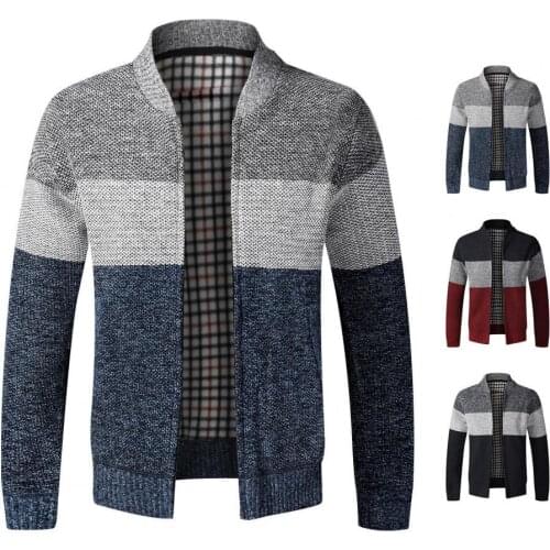 Autumn Winter Men Long Sleeve Stand Collar Coat Color Block Warm Plush Cardigan