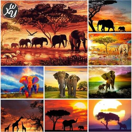 WEIWEI Sunset Full Diamond Painting Kits Elephant Mosaic Cross Stitch 5D Diamond Embroidery Picture of Rhinestone for Home Decor