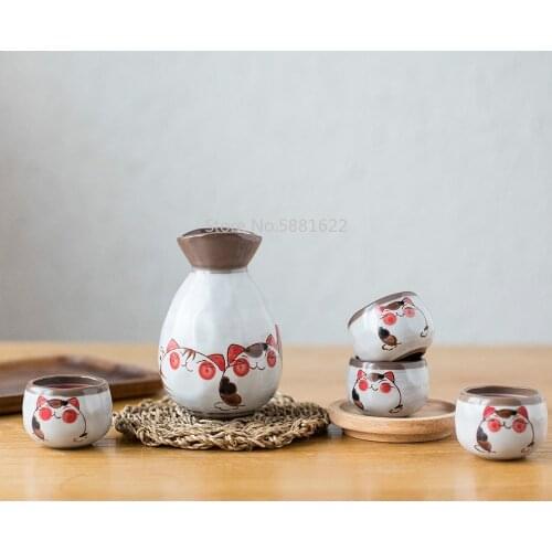 Cat Design Japanese Ceramic Sake Wine Cup Small Drinking Set