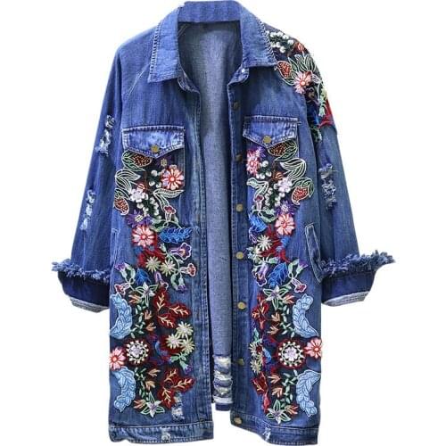 Autumn Casual Denim Coat Holes Windbreaker Denim Jacket Women Flower Embroidered Single Buttons Long Coat Female Jeans Jackets