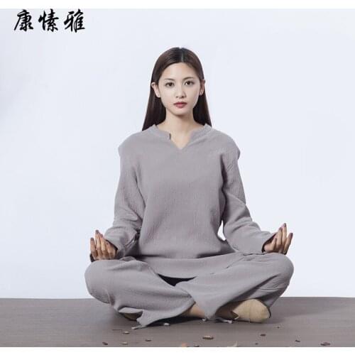 Women Tai Chi Yoga Set Linen Loose Long Sleeve Sweatshrt+pant Jogger Exercise Casual Meditation Kungfu Martial Arts Clothes