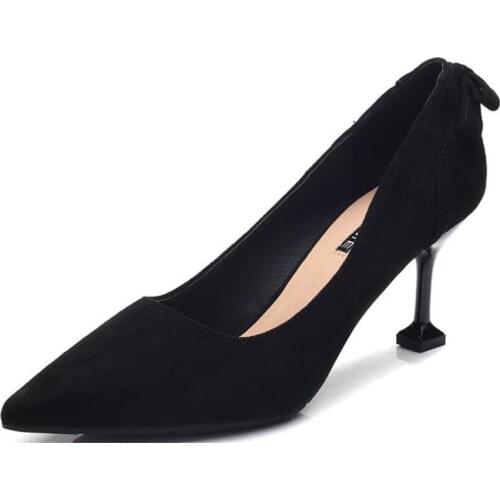 2020 New Arrival Korean Concise Pointed Toe Office Shoes Womens Fashion BOW Solid Flock Shallow High Heels Shoes for Women