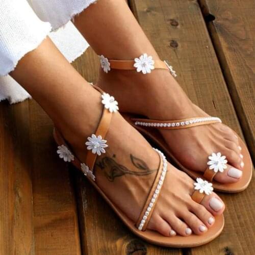 2021 New Summer Comfortable Flower Strap Flat Round Toe Womens Sandals