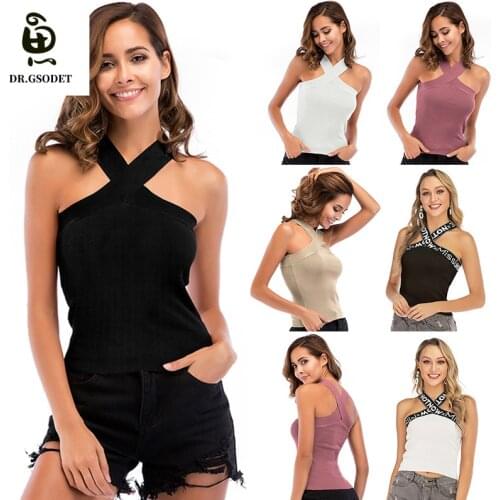 GSODET Summer Women Backless V-Neck Sexy Vest 2021 Cross Suspender Bottoming Tank Fashion Solid Halter Slim Knit Tops Female New