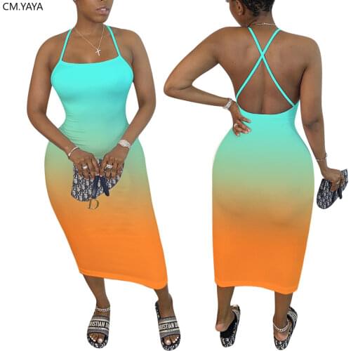 CM.YAYA Women Gradient Print Sleeveless Halter Open Open Back Midi Mid-calf Dress Fashion Sext Club Party Dresses