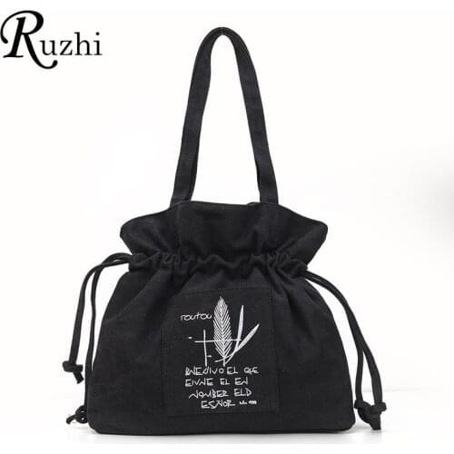 2021 Vintage Drawstring Bucket Bag Big Girls Solid Canvas Shoulder Bags Casual Letter Handbag For Women High Quality Tote Bag