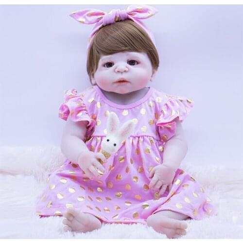 56cm Brown straight hair bebe reborn girl doll simulation newborn baby with Cute rabbit plush silicone reborn baby dolls DIY toy