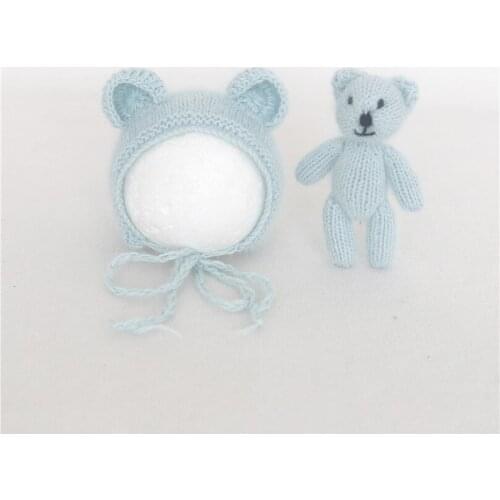 Angory Knitted Bear Hat and Toy Set Knitted Mini Toys Crochet Newborn angora Bonnet Infant Beanie Baby Photography Props