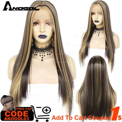 Anogol wig Part Lace Wigs Long Straight Synthetic Wigs Brown Mix Blonde Cosplay Wigs for Black Women