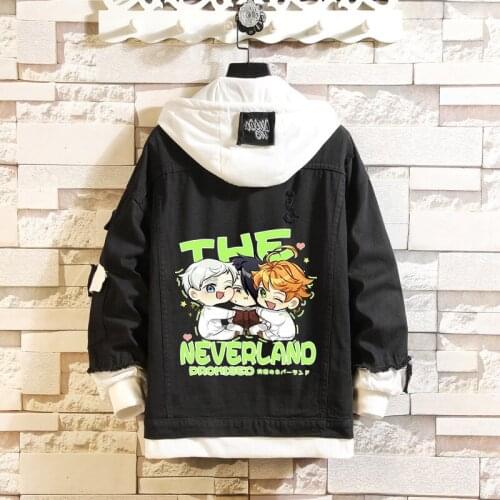 The Promised Neverland Denim Jackets Fake Two Piece Emma Print Women Men Loose Casual Spring Autumn Kawaii Jeans Coat Top 2021