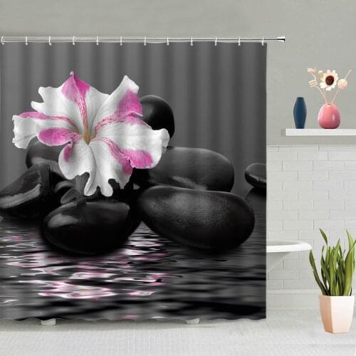 Phalaenopsis Bamboo Zen Stone Background Picture Bathroom Accessories Partition Screen Waterproof Polyester Fabric With Hook
