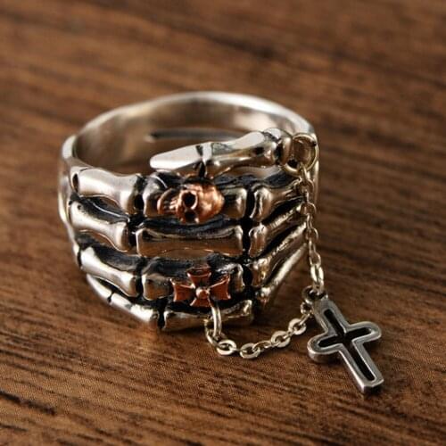 2020 new solid s925 pure silver vintage Thai silver skull ghost hand chain cross stylish cool men ring