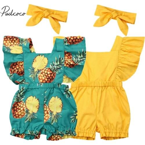 2019 Baby Summer Clothing Newborn Baby Girl Fly Sleeve Ruffle Romper Jumpsuit Headband 2PCS Outfits Set Pineapple Solid Clothes