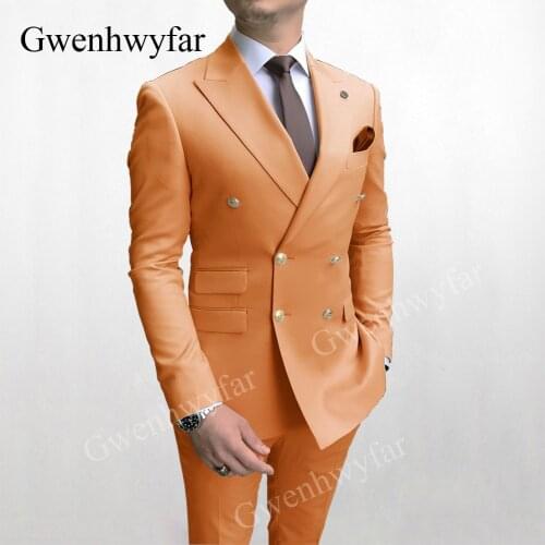 Gwenhwyfar Double Breasted Men Suits Orange Charcoal Black Navy Royal blue White Fashion Gold Button Party Suits (Jacket+Pants)