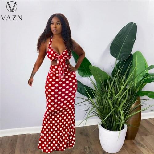 VAZN 2021 European and American Womens New Temperament Commuting Fashion Polka-Point Suspenders Suit Skirt Long Dress