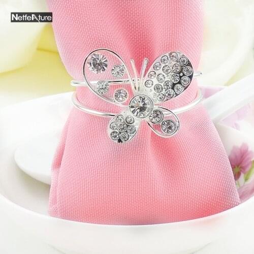 New 6PCS Silver Alloy Rhinestone Butterfly Napkin Rings Serviette Holder Fashion Hotel Wedding Supplies Dinner Table Decoration