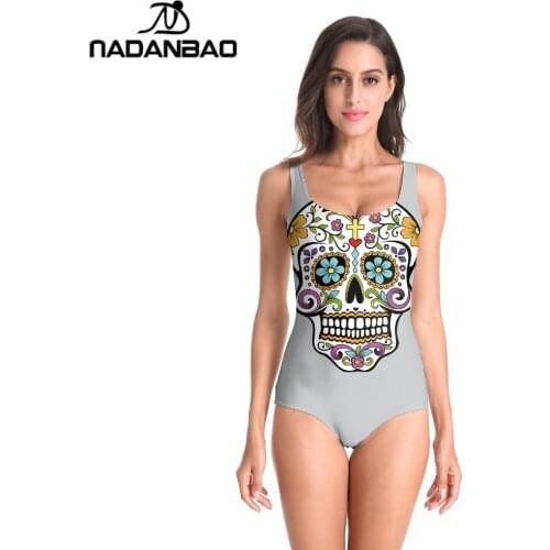 NADANBAO New Bikini Mujer Sexy Women Swimwear Bathing Suit Skull Printed Sports Backless Beach Wear One Piece Swimsuit