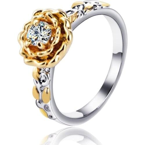 New Fashion Zircon Ruse Gold Flower Sculpture Rings For Women Girl Trendy Metal Ring Female Jewelry Wedding Party Gift Wholesale