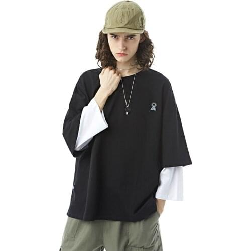 New High-End Fabrics Japan Harajuku Style Fake-Two-Piece Patchwork Mens Three Quqrter T-Shirts Fashionable Casual Male Tee Top