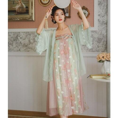 Chinese style Hanfu Suit Ruffled Sweet Mesh Coat and Mesh Embroidered Chiffon Retro Suspender Skirt OL Set Summer