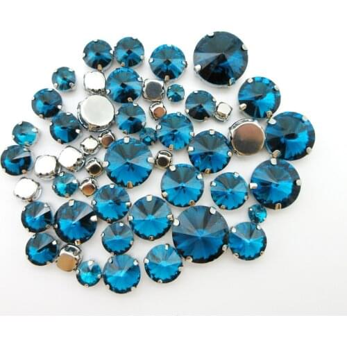 Bule zircon crystal glass mix round shape 7 sizes silver claw flatback sew on rhinestone garment accessories bags crafts diy