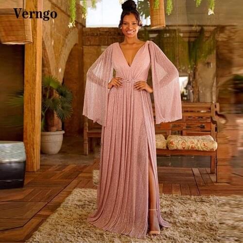 Verngo 2021 Glitter A Line Dusty Pink Evening Dresses Long Cape Sleeves V Neck Side Slit Prom Gowns Elegant Women Formal Dress