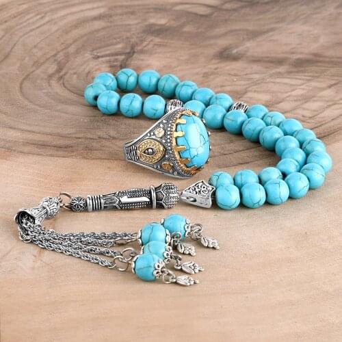 Natural Turquoise Stone Tasbih and 925 Sterling Silver Mens Ring Jewelry Sets