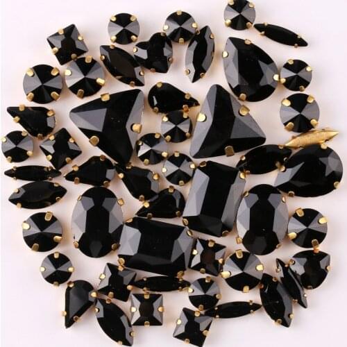 Gold claw setting 50pcs/bag shapes mix Black glass crystal sew on rhinestone wedding dress shoes bags diy trim