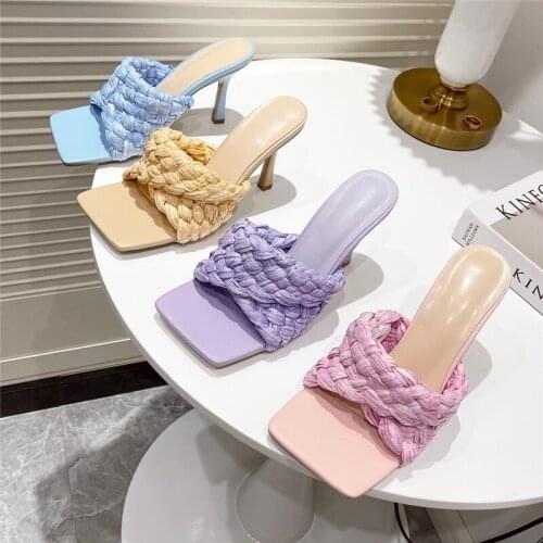 Womens Shoes Women Slippers Sandals Female 2021 Summer Ladies Mules Slides Square Toe Women Heels Designer Shoes Home Outdoor