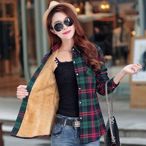 2019 Female College Style Casual Jacket Outerwear Brand New Winter Warm Women Velvet Thicker Jacket Plaid Shirt Style Coat