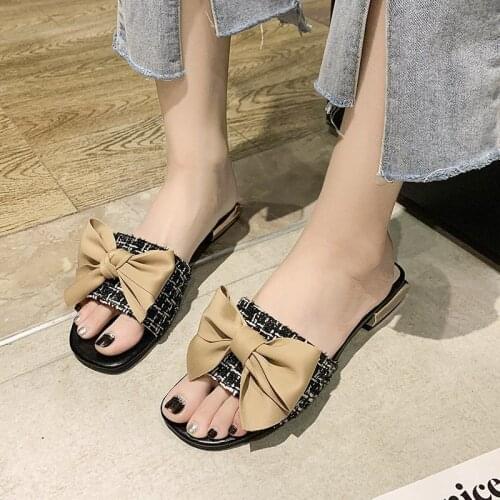 Womens Bow Slippers 2021 Summer Fashion Outer Strap Heel Non-Slip Net Red Summer Slippers Fashion